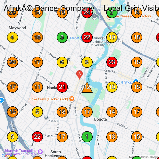 Afinké Dance Company Salsa Classes GeoGrid ranking map for 343 Main St Hackensack